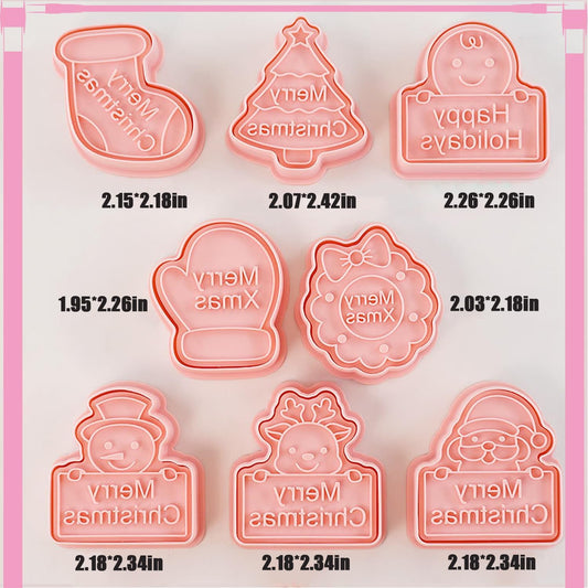 8pcs Christmas Cookie Cutter Set Merry Christmas Cookie Cutters with Plunger Stamps Biscuit Mold 3D Snowman Cookie Molds Cake Baking Fondant Cutter Christmas Party DIY Cookie Decorating Supplies (L8)