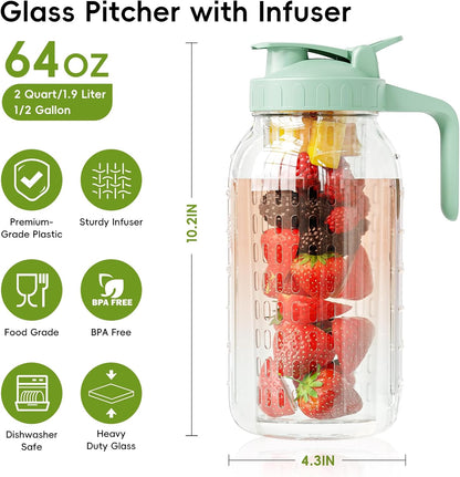 Fruit Infuser Water Pitcher,Glass Mason Jar Pitcher,64oz(2 Quart) Wide Mouth Jug with Pour Spout Handle Lid for Fruit Drinks,Cold Brew Coffee,Ice Beverage,Iced Juice,Lemonade,Sun Tea Container