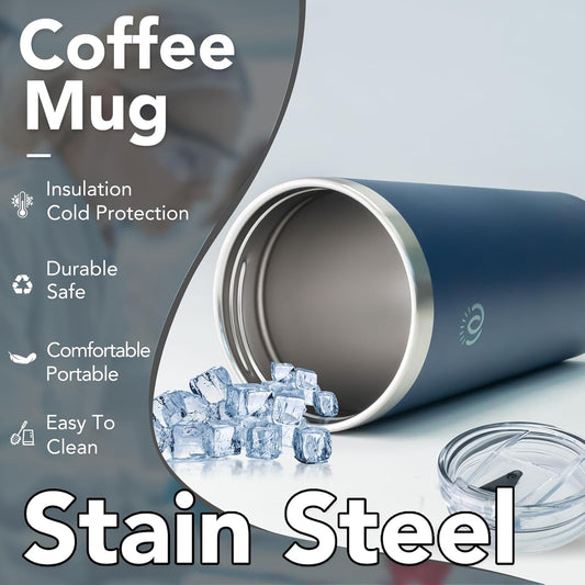 Insulated Coffee Mug with Lid, Reusable Stainless Steel Travel Coffee Cup, 16 Oz Double Wall Vacuum Spill Proof Tumbler Cups for Men and Women Hot & Cold Drinks（Aegean）