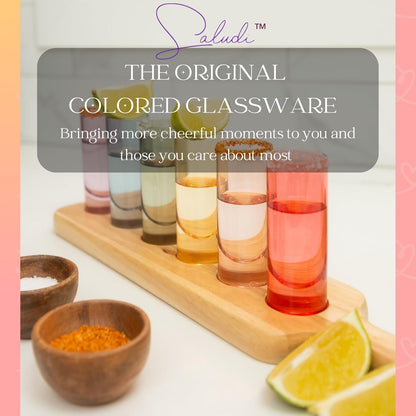 Saludi Colored Shot Glasses, 2oz (Set of 6) Multi-Color Glass with Wood Paddle - Luxury, Durable, Hand-Blown, Cute, Cool, Pink, Christmas, Rainbow, Unique, Tequila