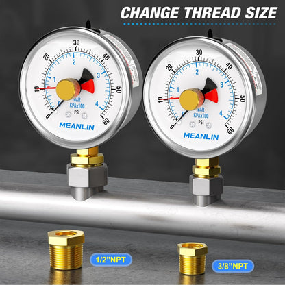 MEANLIN MEASURE 0~60Psi Stainless Steel 1/4" NPT 2.5" FACE DIAL with Reset Pointer Liquid Filled Pressure Gauge WOG Water Oil Air, Lower Mount, with Brass Hex Bushing