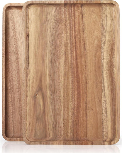 2 PCS 16 x 12 in Large Solid Acacia Wood Serving Trays Rectangular Wooden Serving Platters Natural Wooden Boards for Bar Coffee Party（Wood Log Color）