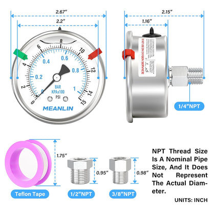 MEANLIN MEASURE 0~15Psi Stainless Steel Liquid Filled Pressure Gauge 2.5" FACE DIAL 1/4" NPT for Water Oil Air Well Pump Tank Tire Pressure Test Back Mount with Stainless Steel Hex Bushing and Snaps