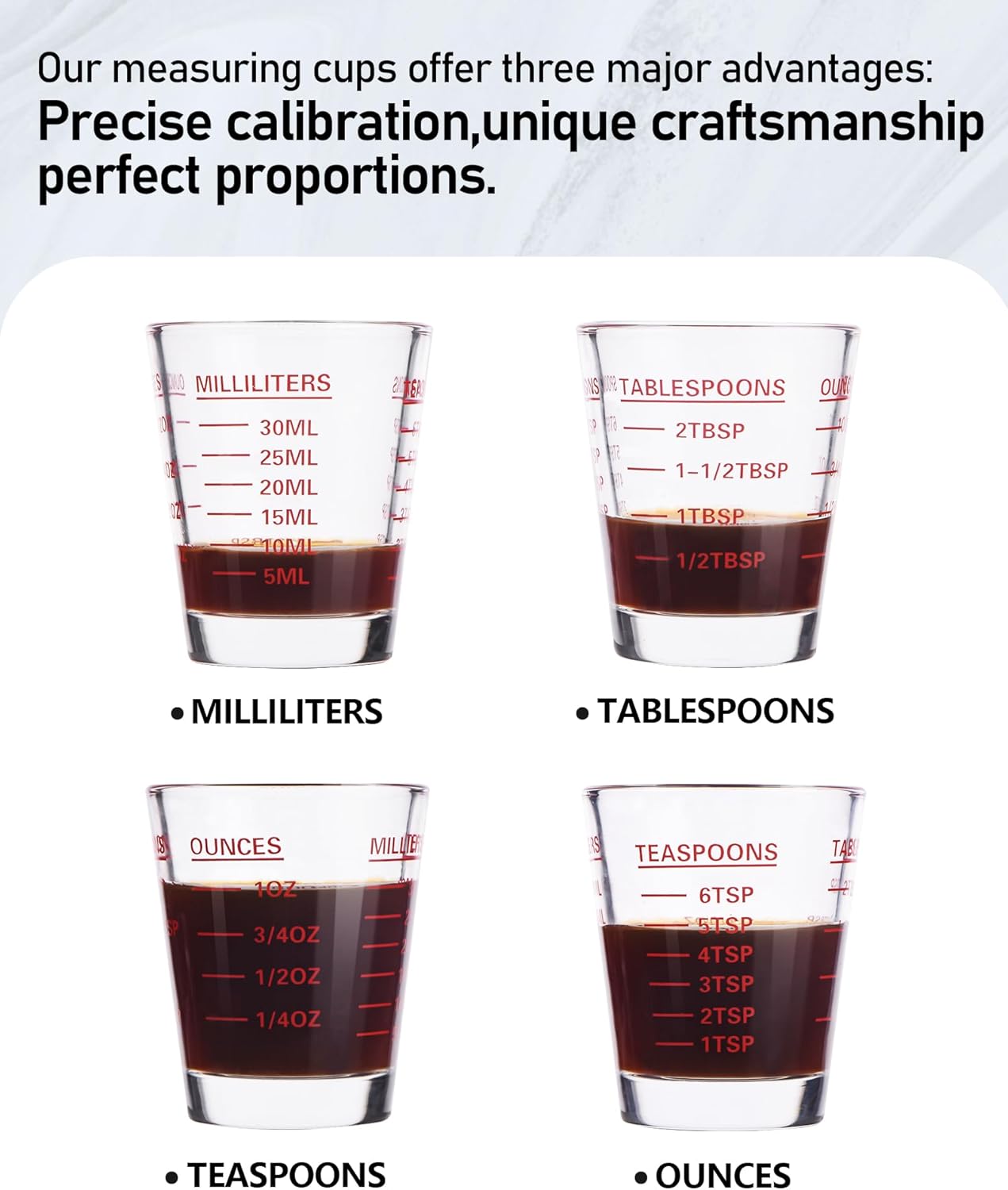 Shot Glasses Measuring Cup Set 2PACK Espresso Shot Glasses Liquid Heavy Glass 26-Incremental Measurement 1 OZ, 2 TBS, 6 TSP, 30 ML Kitchen Tools (White)