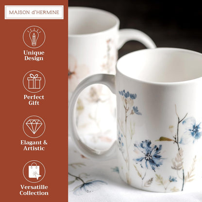 Maison d' Hermine Coffee Mug with Handles Fine Bone China Mugs Pack of Two Tea Cups for Hot Beverages Cappuccino Latte Home Restaurant Office Perfect for Gift (Ice Florals, 12 Ounce)