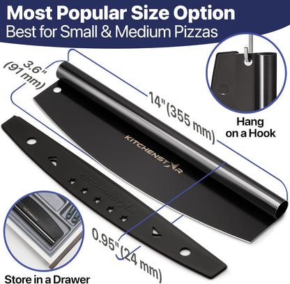 KitchenStar 14-Inch Pizza Cutter Rocker Blade - Sharp Stainless Steel Slicer Knife, Protective Cover, Black Nonstick, Large - Professional Pizza Oven Accessories