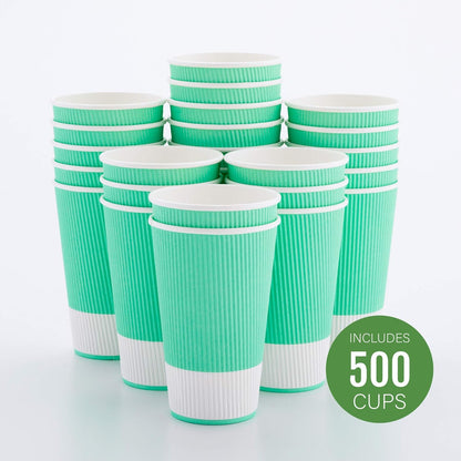 Restaurantware 16 Ounce Double Wall Disposable Coffee Cups, 500 Insulated Light Green Paper Tumblers with Ripple Wall Design, Lids Sold Separately for Hot Drinks like Tea, Hot Chocolate and More