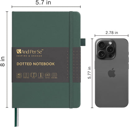 &And Per Se Dotted Journal Notebook (5 Packs), A5 Hardcover Leather Dotted Journal, 160 Pages 100 gsm Thick Paper, 3 Sheets of Stickers Included- 5.7'' x 8'' (Green