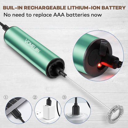 Milk Frother, Rechargeable Battery Operated Frother for Coffee,Portable Drink Mixer with 2 Stainless Steel Whisk Heads,Milk Foamer for Keto Coffee, Latte, Cappuccino, Hot Chocolate,Light Blue