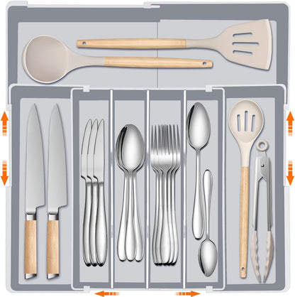 Silverware Organizer for drawer - Adjustable Kitchen Drawer Organizer Utensil Drawer Organizer, Expandable Silverware Tray for Drawer Utensil Organizer for Forks, Knives, Grey