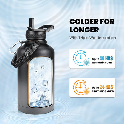Insulated Water Bottle 64 oz, Triple Wall Vacuum Stainless Steel (Cold for 48 Hrs), Leak Proof & Non-BPA, Half Gallon Water Flask Jug with Paracord Handle & Straw Spout Lids, Dark Gray