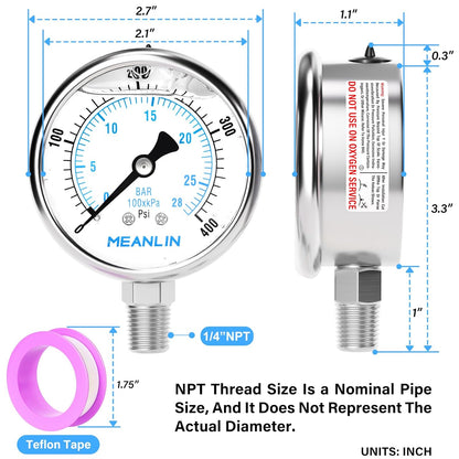 MEANLIN MEASURE 0~400Psi Liquid Filled Pressure Gauge Stainless Steel with 316 Stainless Steel Joint 1/4" NPT 2.5" FACE DIAL for Air Compressor Air Regulator Water Filter Lower Mount
