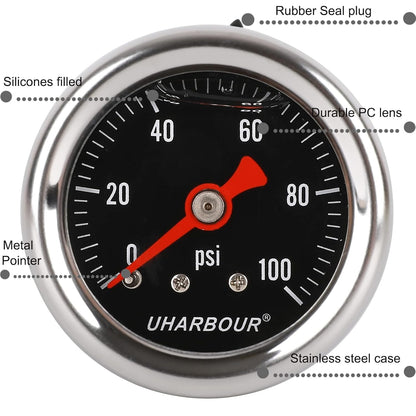 Glycerin Filled Pressure Gauge with 304 Stainless Steel Case, 1-1/2" Black Dial, 0-100Psi, High Accuracy, 1/8" NPT Center Back Mount…