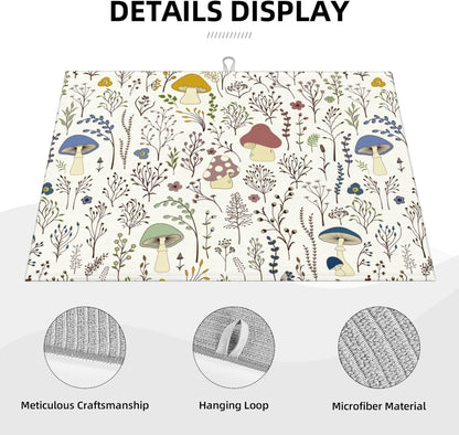 Cute Mushrooms Wild Plant Dish Drying Mat 18"x24" Microfiber Absorbent Fast Dry Mat for Kitchen Counter Coffee Bar Colored Mushroom Large Drying Mat Kitchen Decor Gifts