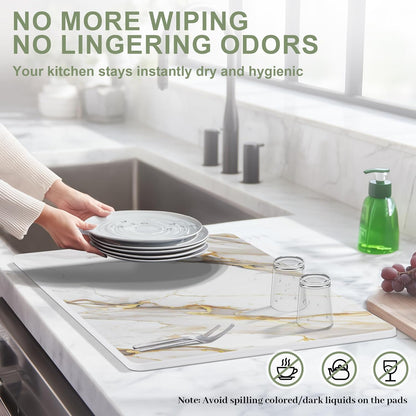 Large Stone Drying Mat for Kitchen Counter, 24" × 16" Diatomite Dish Drying Mat, Quick Dry Stone Mats, Ultra Absorbent Natural Diatomaceous Earth Mats for Dished, Bottles, White Marble