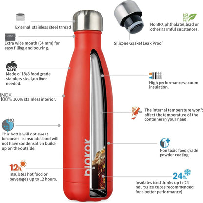 BJPKPK 17oz Insulated Stainless Steel Water Bottles Travel Sports Water Bottles BPA Free,Red