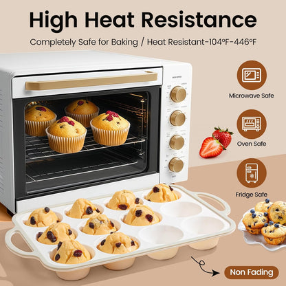 Silicone Muffin Pans for Baking 2 Pack, 2.6 Inch with Metal Reinforced Frame, Regular Size Nonstick Cupcake Pan 12 Cups for Baking Homemade Muffins, Dishwasher Safe BPA Free-Grey