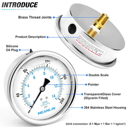 MEANLIN MEASURE 0~200Psi Stainless Steel 1/4" NPT 4" FACE DIAL Liquid Filled Pressure Gauge WOG Water Oil Air Back Mount, with 1/4" x 1/2" NPT and 1/4" x 3/8" NPT Hex Bushing