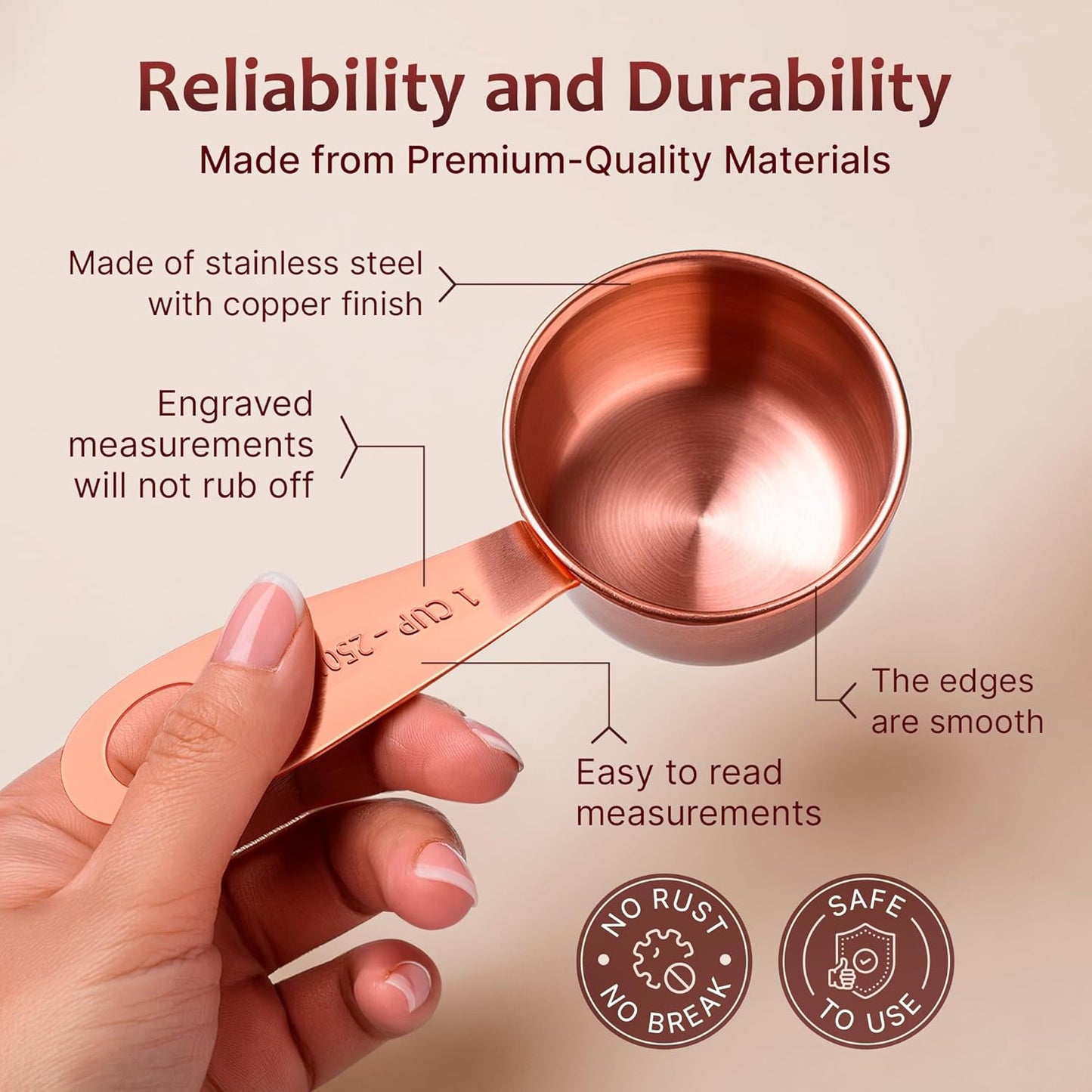 Measuring Cups and Spoons Set of 9, Utensils for Dry and Liquid Ingredients, Copper Kitchen Accessories, Rose Copper Decor for Home, Stackable, Sturdy Stainless Steel
