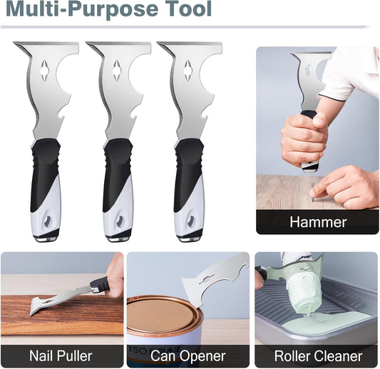 Mister Rui 2 Pack 10 in 1 Putty Knife - Multi Use Painters Tool, Taping Knife, Paint & Metal Scraper with Hammer End, Razor Blade Spackle Tool