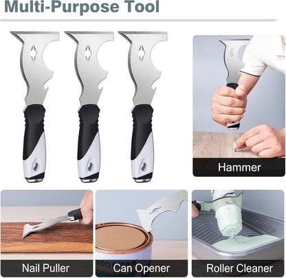 Mister Rui Paint Scraper, 3 Pack Multi Use Paint Tools Putty Knife 10 in 1, Paint Scraper Tools for Painting, Metal Scraper with Hammer End, Taping Knife, Spackle Tool
