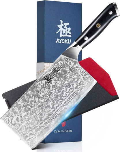 KYOKU Gin Series Vegetable Cleaver Knife, 7" Asian Vegetable Knife, Japanese VG10 Damascus Stainless Steel Knife, Professional Kitchen Knife with Silver Ion Blade G10 Handle Mosaic Pin Sheath & Case