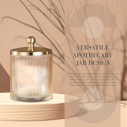 Glass Jar with Metal Lid for Bathroom Organization, Clear Apothecary Jar for Cotton Balls, Q Tips, and Small Accessories, Stylish Bathroom Storage Container Tan, Gold