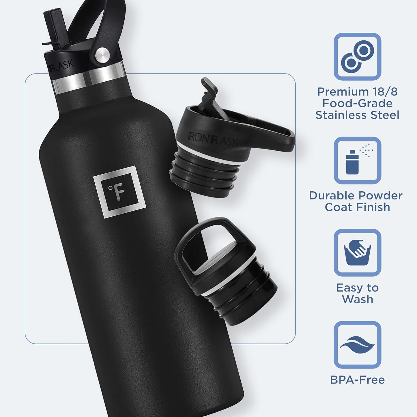 IRON °FLASK Camping & Hiking Hydration Canteens - 3 Lids (Narrow Straw Lid) Leak Proof Vacuum Insulated Stainless Steel - Hot & Cold Double Walled Sports Water Bottle - Morning Mist, 32 Oz