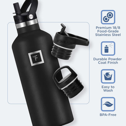 IRON °FLASK Camping & Hiking Hydration Canteens - 3 Lids (Narrow Straw Lid) Leak Proof Vacuum Insulated Stainless Steel - Hot & Cold Double Walled Sports Water Bottle - Morning Mist, 32 Oz