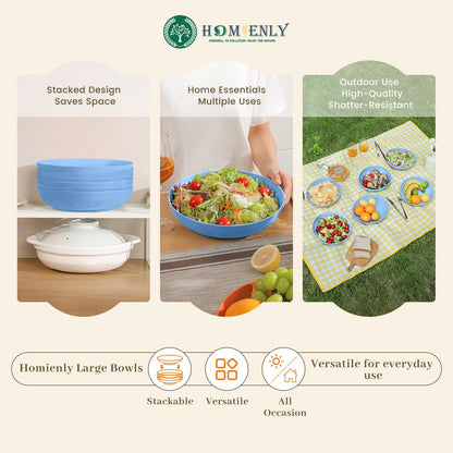 Homienly Wheat Straw Big Bowls Salad Bowls Set of 6 10 inch Serving Bowls 65 oz Large Bowls Plastic Plates Bowls Wide and Shallow Bowls for Kitchen Microwave & Dishwasher Safe-Sky Blue
