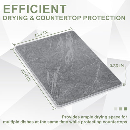 Large Stone Drying Mat for Kitchen Counter, 24" × 16" Diatomite Dish Drying Mat, Quick Dry Stone Mats, Ultra Absorbent Natural Diatomaceous Earth Mats for Dished, Bottles, Black Marble