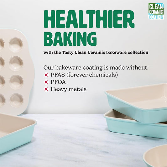Tasty Clean Ceramic Round Cake Pans Set, 2-Pack of 9-Inch Cake Pans, Durable Aluminized Steel for Professional Results, Clean Ceramic Nonstick Coating, Oven Safe to 425°F, Dishwasher Safe, Aqua