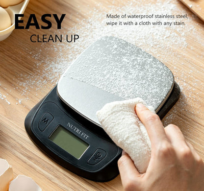 NUTRI FIT Ultra Slim Kitchen Scale Digital Food Weight Scale for Baking Cooking in Grams and Ounces Tare & Backlit LCD Display 11lb 5kg Capacity- Black/Stainless Steel