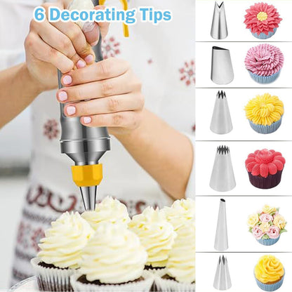 Hendiy Dessert Decorating Syringe Set, Stainless Steels Cake Decorating Tools Icing Piping Kit Icing Gun Cupcake Frosting Piping Kit, Cake Piping Kit with 6 Icing Nozzles and 9 Cupcake Liners