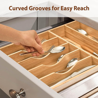 Umilife Kitchen Drawer Organizer, 12.5 Inch Silverware Utensil Tray Holder, Extra Deep, with Non-Slip Feet & Grooved Drawer Divider, 7 Slots Total Bamboo Wood Caddy for Flatware Cutlery Knives