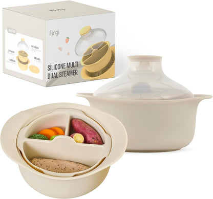 48oz Platinum Silicone 3 Compartmented Microwave Steamer Pot with Handle & Lid - Korea 100% Food-Grade Steamer Bowl, Heat-Resistant Cooker with Steam Holes, Easy Clean, Dishwasher Safe, Ivory