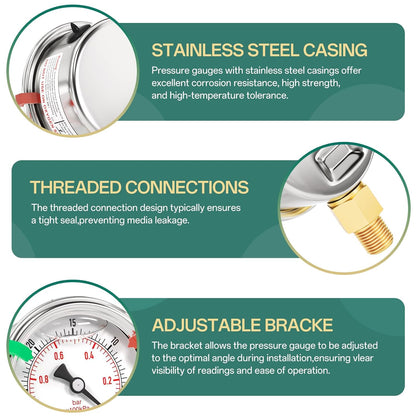 -30inHG~0Psi Stainless Steel Liquid Filled Pressure Gauge, 2.5" Dial Size, 1/8" NPT Lower Mount, for Tube, Water Pump, Gas, Liquid, Pressure Test (with Range Mark Pointer)