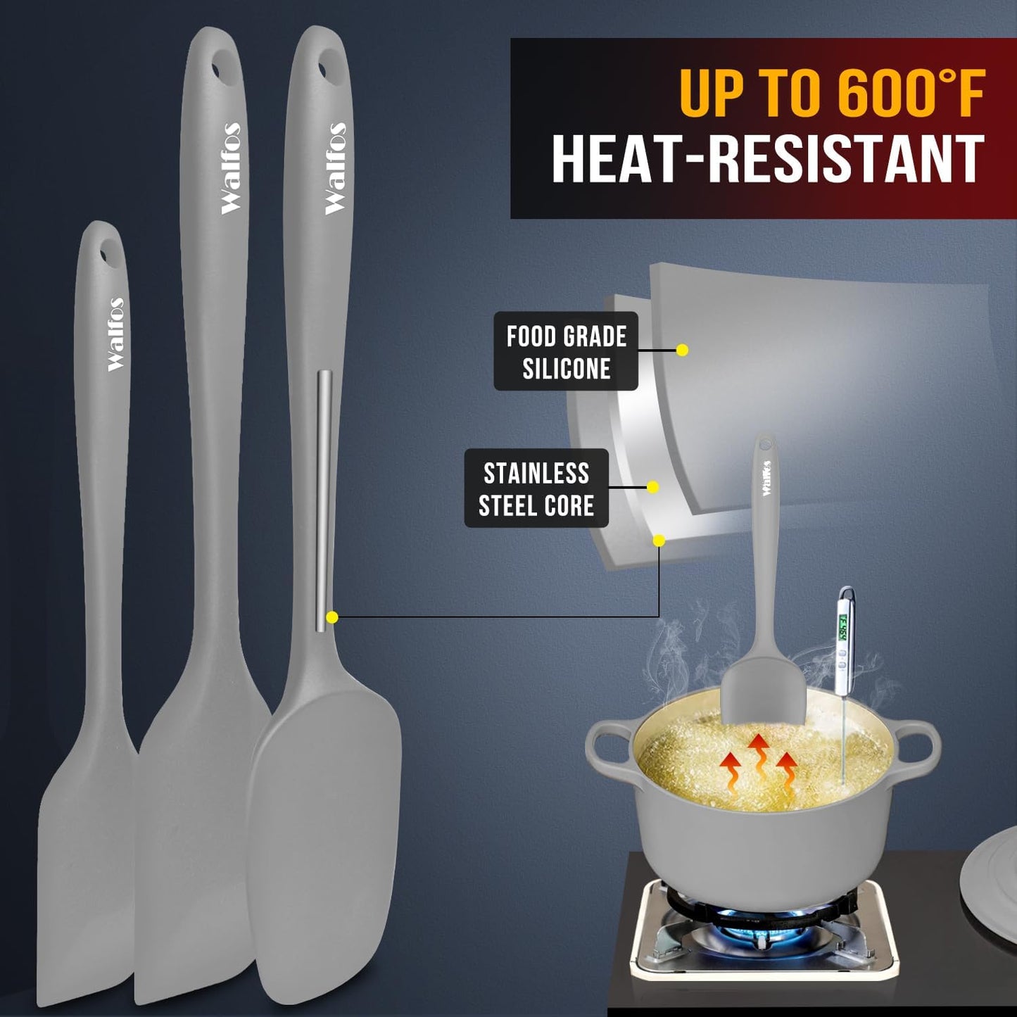 Walfos Silicone Spatula Set (7pcs) - 600℉ Heat Resistant Silicone Scraper Spatulas with Stainless Steel Core, Non Stick Flexible Rubber Spatula for Cooking, Baking and Mixing, Gray