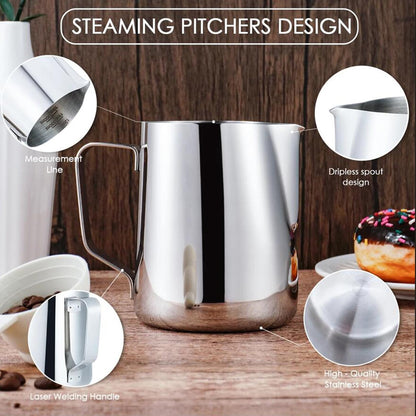 Milk Frothing Pitcher with BONUS Latte Art Pen, 12oz Milk Frother Cup with Clear Scale 304 Stainless Steel Cappuccino Espresso Machine Accessories for Barista Coffee Bar.