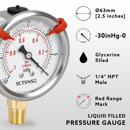 -30 inHg to 0 Vacuum Pressure Gauge, Glycerin Liquid Filled, 2.5 inch Dial, 1/4" NPT Lower Mount, Stainless Steel Case, for Air Conditioning Line, Tank, Air Pump, HVAC, Pipe, Pressure Test