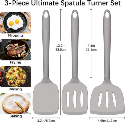 Coukre Silicone Spatula Set of 3, High Heat Resistant, BPA-Free, Kitchen Utensils, Fish Spatula, Solid & Slotted Turner for Non-Stick Pans, Flipping Eggs, Pancakes, Fish, Burgers (3, PureGray)