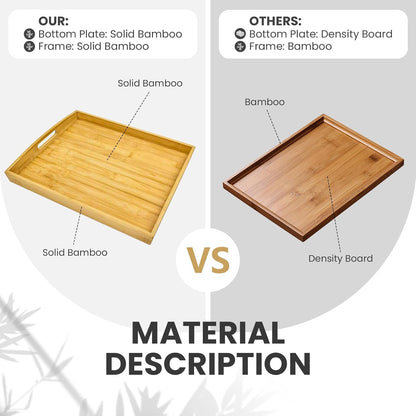 Bamboo Serving Tray with Handles Set of 2 - Decorative Wooden Trays for Eating, Working, and Storing, Suitable for Use in Bedroom, Living Room, Kitchen, Bathroom, Outdoor Scenarios and More