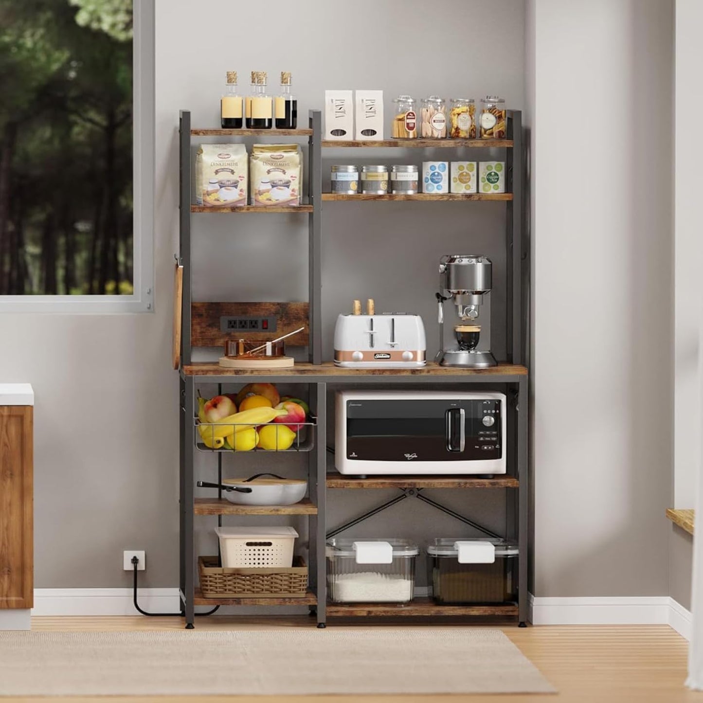 Standing Kitchen Baker’s Rack, Bakers Rack with Power Outlet, 6-Tier Microwave Stand, Coffee Bar with 12 S-Shaped Hooks, Kitchen Shelf with Storage, Coffee Bar Station, for Rustic Brown