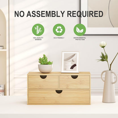 Bamboo Desk Organizer with Drawers - Small Desktop Countertop Mini Tabletop Storage Container - No Assembly Required
