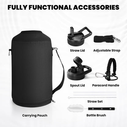 One Gallon Water Bottle Insulated, Triple Walled Vacuum Stainless Steel (Cold for 48 Hrs), Leak Proof & Non-BPA, Large Water Flask Jug with Paracord Handle & Straw Spout Lids