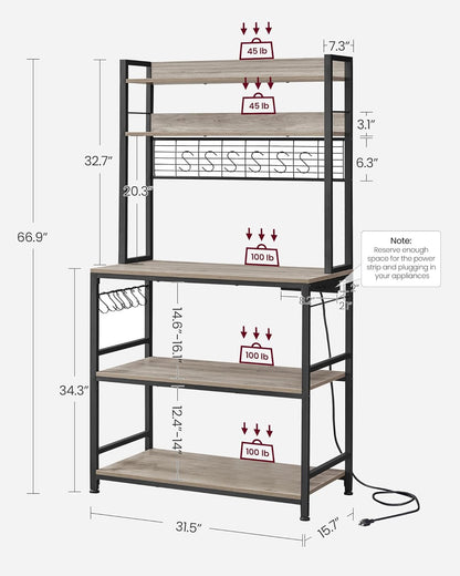 VASAGLE Hutch Bakers Rack with Power Outlet, 14 Hooks Microwave Stand, Adjustable Coffee Bar with Metal Wire Panel, Kitchen Storage Shelf, 15.7 x 31.5 x 66.9 Inches, Greige and Black UKKS025B02