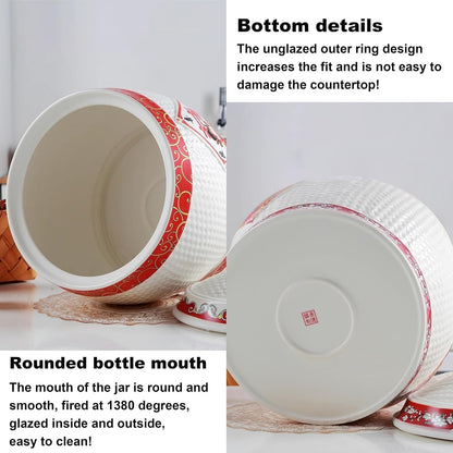Chinese Sealed Large-Capacity Rice Pot, Ceramic Rice Bucket With Tassel Design, Grain Storage Ceramic Container, Rice Dispenser Airtight Storage Bucket For Grains Snacks Candy Coffee Beans Food(B,Capa