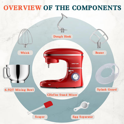 CHeflee Stand Mixer,600W 6+P With 6.5QT Stainless Steel Bowl,Dough Hook, Wire Whip & Beater,for Most Home Cooks,Red