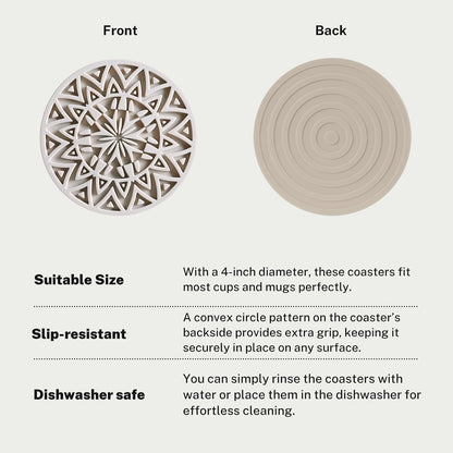 Set of 6 Light Taupe Silicone Coasters with Holder, Drink Coasters with Tribal Pattern Shape- for Table Protection, Anti Slip, Nonstick, Heat Resistant, Deep Tray