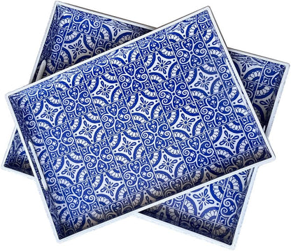 2 Pack Serving Tray with Handles, Rectangular Decorative Trays for Coffee Table, Modern Blue Plastic Ottoman Tray for Living Room, Bathroom, Kitchen, Decor, (Boho Blue)